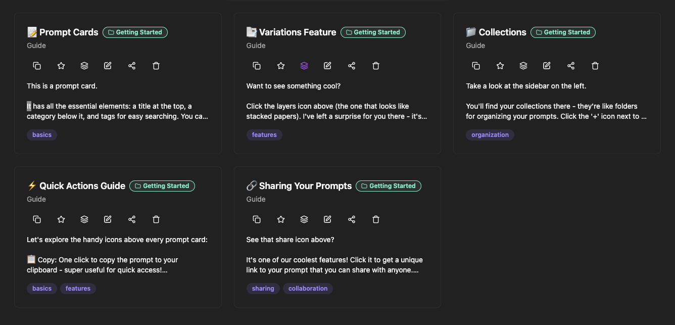 Prompt Manager Interface showing various prompt cards and features